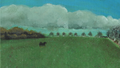 A landscape painting on canvas depicting a green field with a rottweiler dog, a line of trees, and large white clouds under a blue sky.