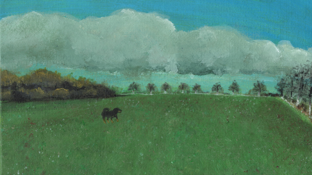 A landscape painting on canvas depicting a green field with a rottweiler dog, a line of trees, and large white clouds under a blue sky.